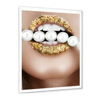 DesignArt 'Златен лист усни уста со модерни врамени уметнички принт на бисери