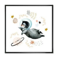 DesignArt 'Little Penguin Flying Planets and Stars II' Farmhouse Rramed Canvas Wall Art Print